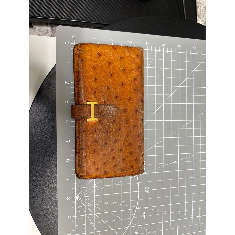 Hermes Bearn Wallet Ostrich Leather Cognac Gold H Clasp Bifold Gold - Picture 9 of 9